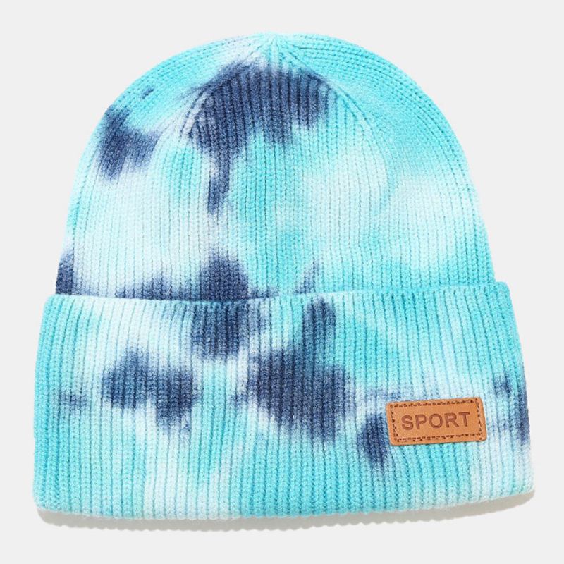 Unisex Kernespundet Garn Elastik Strikket Tie-dye Hat Mode Afslappet Brevetiket Efterår Vinter Varme Kantløs Beanie Hue Landlord Kasket