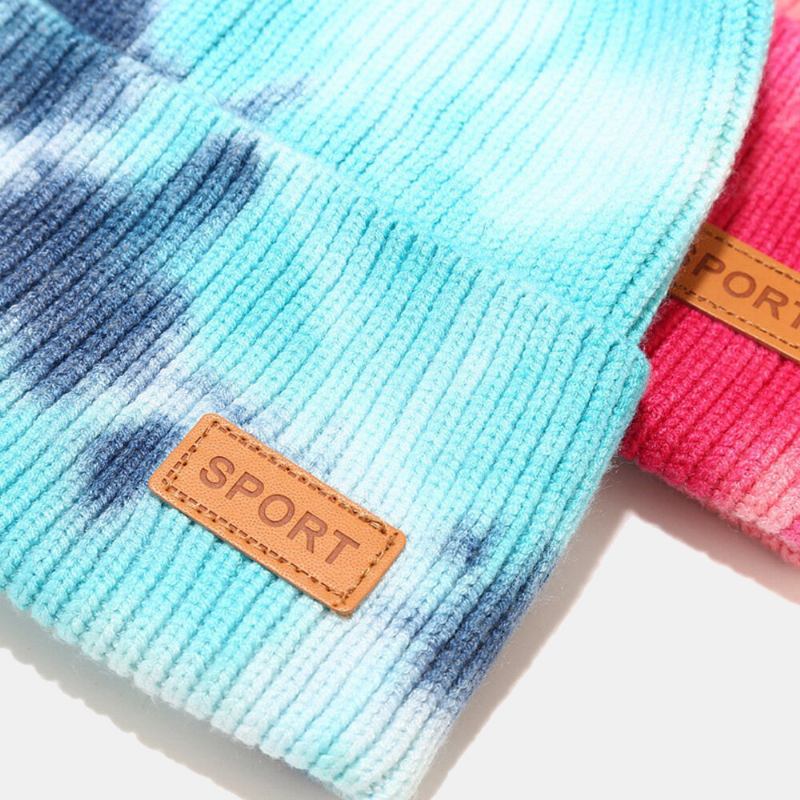 Unisex Kernespundet Garn Elastik Strikket Tie-dye Hat Mode Afslappet Brevetiket Efterår Vinter Varme Kantløs Beanie Hue Landlord Kasket