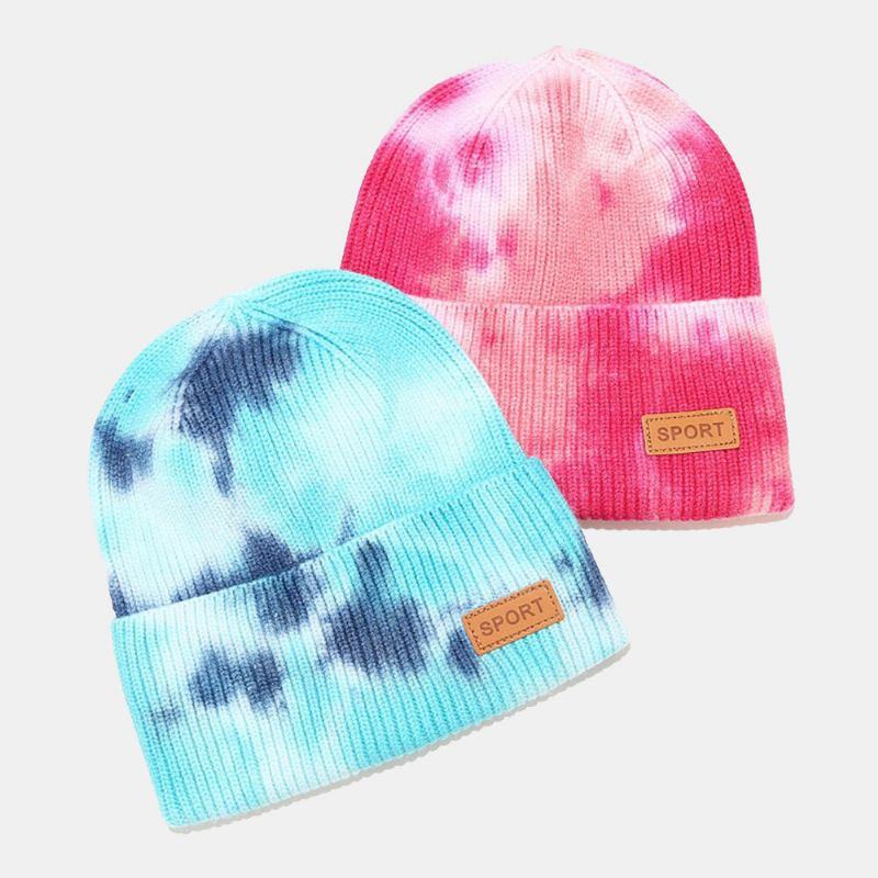 Unisex Kernespundet Garn Elastik Strikket Tie-dye Hat Mode Afslappet Brevetiket Efterår Vinter Varme Kantløs Beanie Hue Landlord Kasket