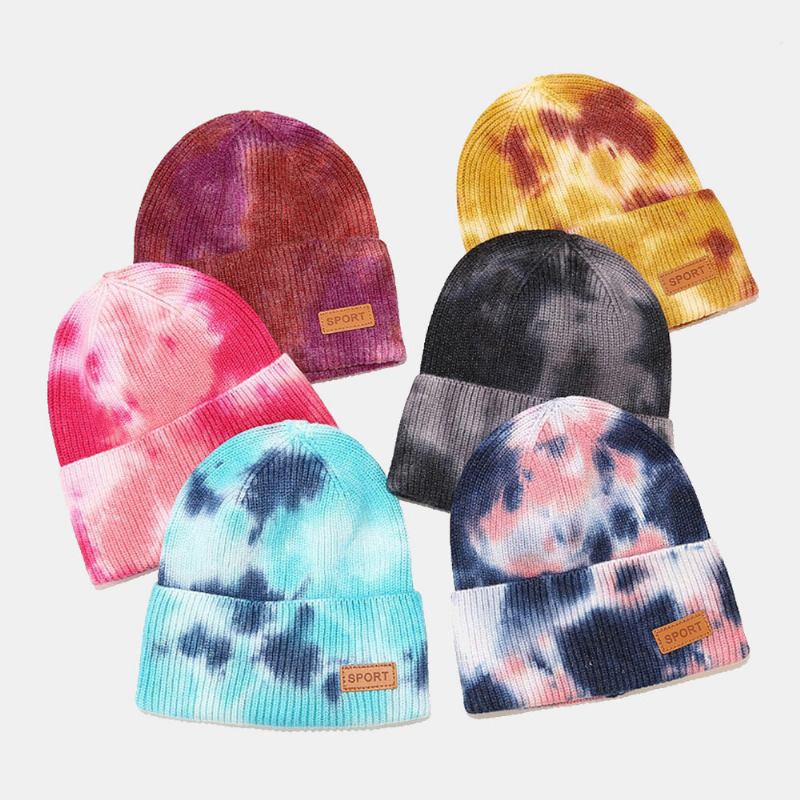 Unisex Kernespundet Garn Elastik Strikket Tie-dye Hat Mode Afslappet Brevetiket Efterår Vinter Varme Kantløs Beanie Hue Landlord Kasket