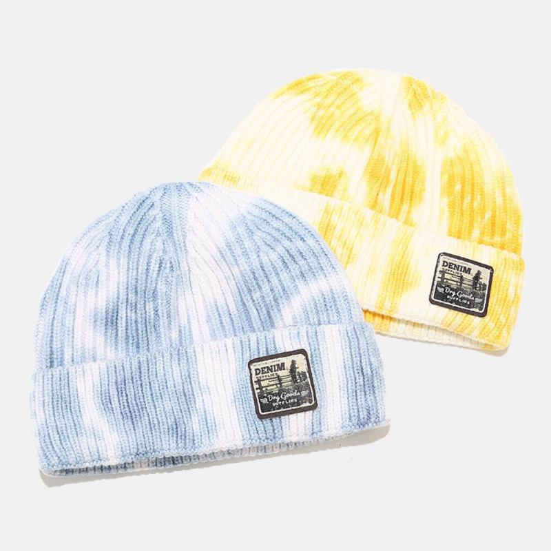 Unisex Kernespundet Garn Strikket Tie-dye Tegneseriemønster Patch Fashion Warm Beanie Hat