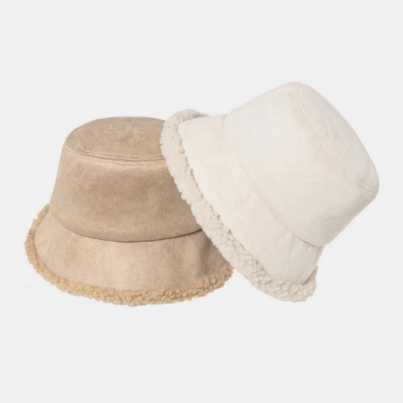 Unisex Lammehår Ruskind Plus Tyk Varm Vindtæt Blød All-match Bucket Hat