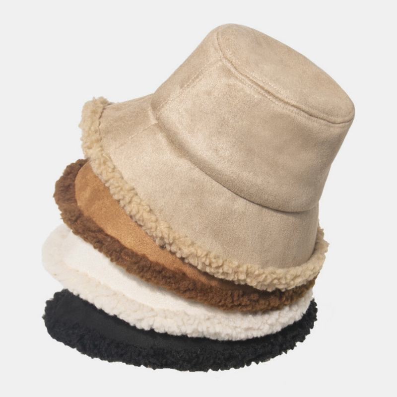 Unisex Lammehår Ruskind Plus Tyk Varm Vindtæt Blød All-match Bucket Hat