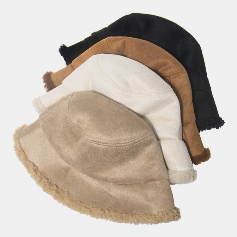 Unisex Lammehår Ruskind Plus Tyk Varm Vindtæt Blød All-match Bucket Hat