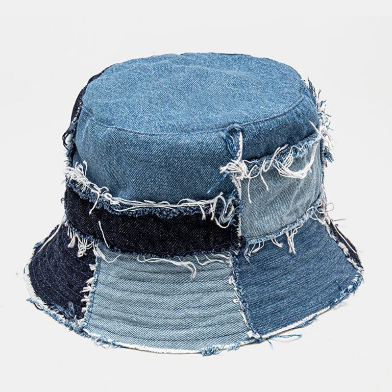 Unisex Plaid Colorblock Denim Distressed Frayed Edge Casual Solsejl Foldbare Flade Hatte Bucket Hats