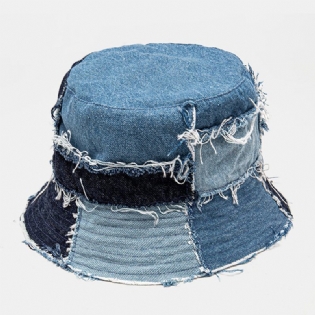 Unisex Plaid Colorblock Denim Distressed Frayed Edge Casual Solsejl Foldbare Flade Hatte Bucket Hats