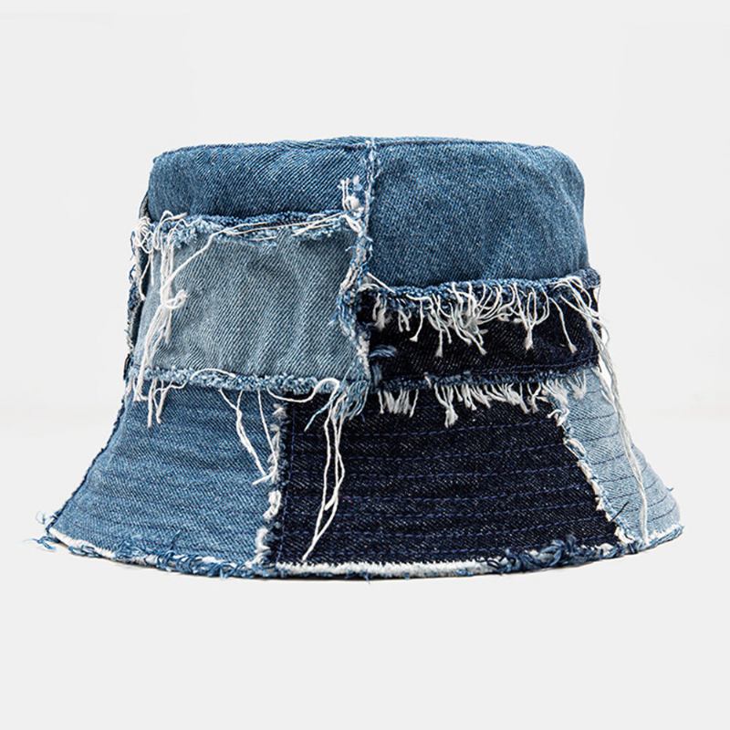 Unisex Plaid Colorblock Denim Distressed Frayed Edge Casual Solsejl Foldbare Flade Hatte Bucket Hats