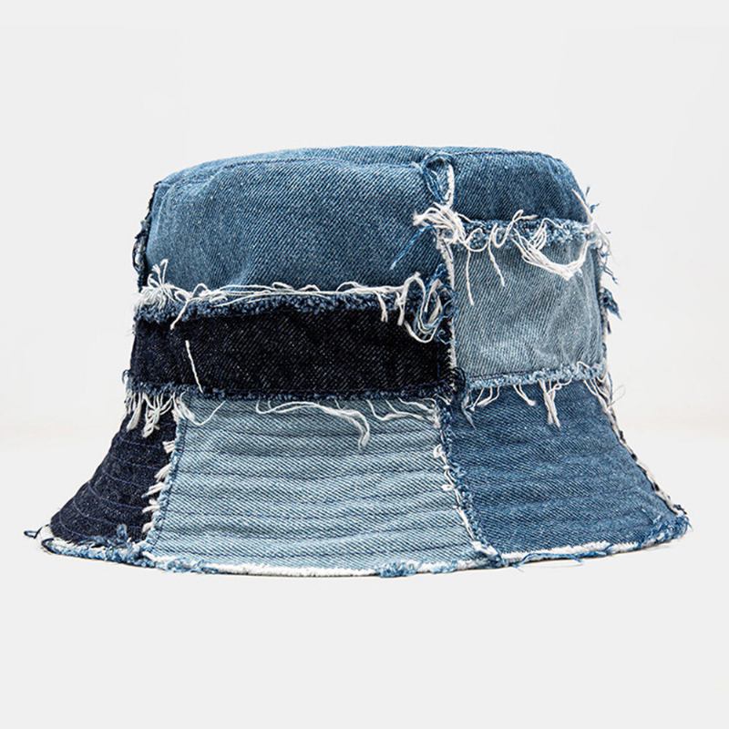 Unisex Plaid Colorblock Denim Distressed Frayed Edge Casual Solsejl Foldbare Flade Hatte Bucket Hats