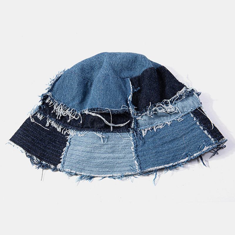 Unisex Plaid Colorblock Denim Distressed Frayed Edge Casual Solsejl Foldbare Flade Hatte Bucket Hats