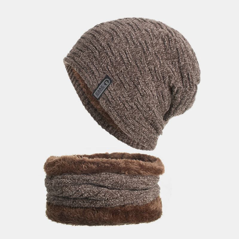 Unisex Plus Velvet Horisontal Lodret Stribet Mønster Strikket Huer Tørklæde Sæt Casual Udendørs Vindtæt Varm Elastisk Bib Beanie Hat