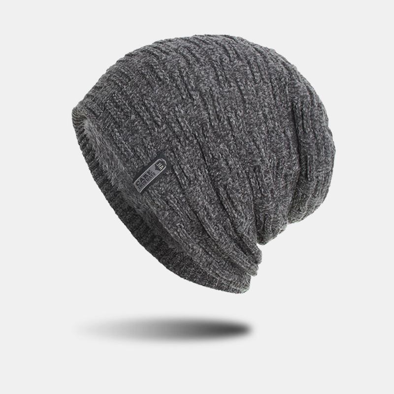 Unisex Plus Velvet Horisontal Lodret Stribet Mønster Strikket Huer Tørklæde Sæt Casual Udendørs Vindtæt Varm Elastisk Bib Beanie Hat