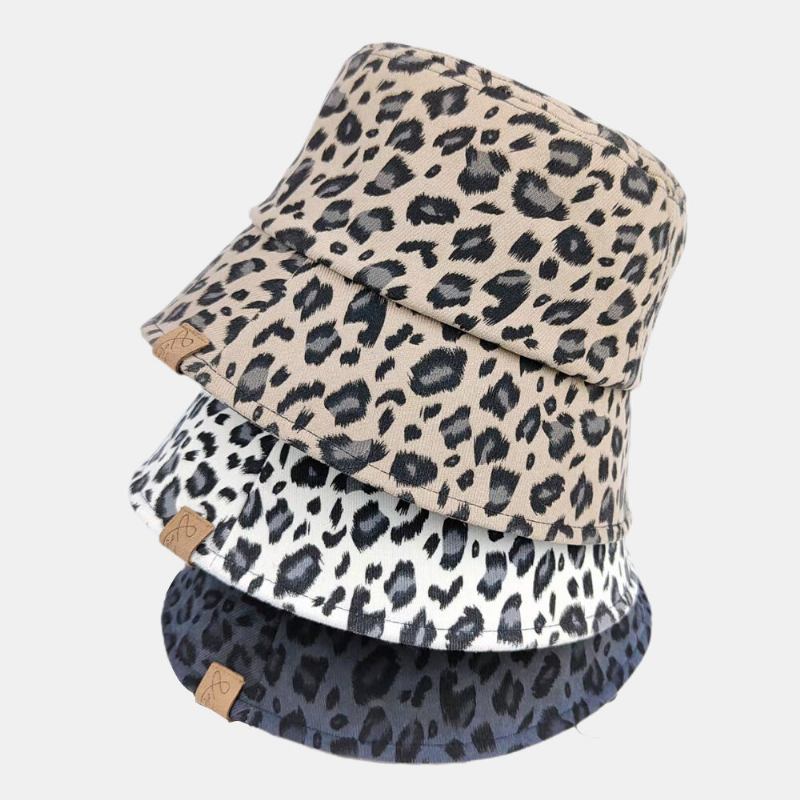 Unisex Polyester Bomuld Overlay Leopardmønster Bogstavlabel All-match Sunshade Bucket Hat