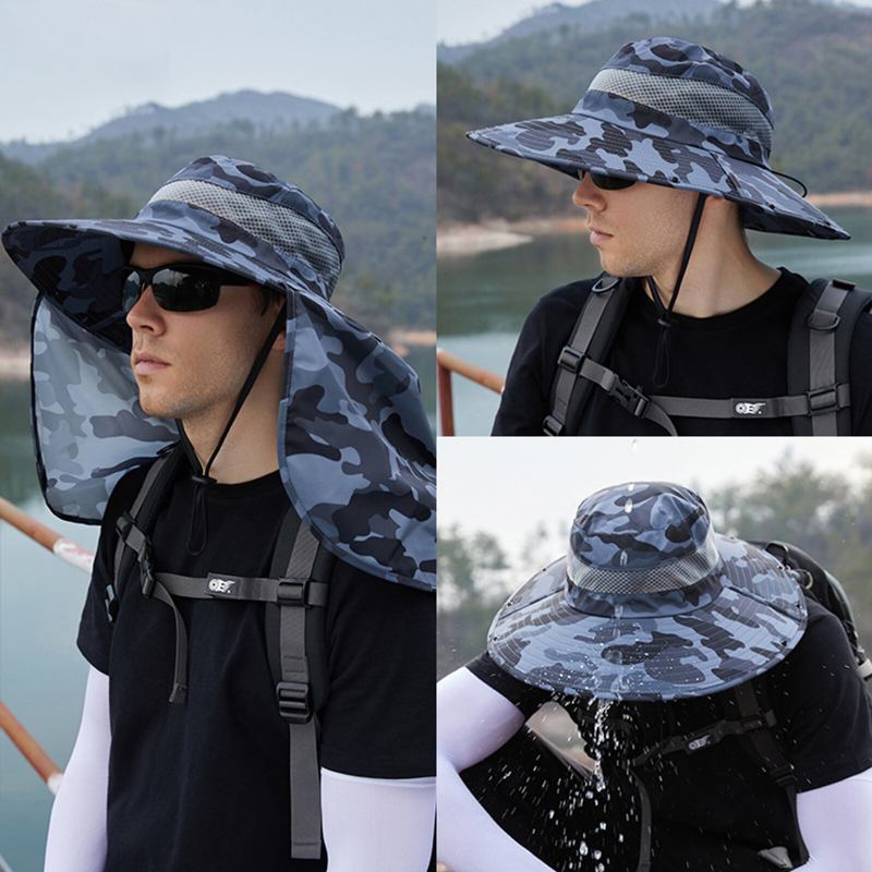 Unisex Polyester Camouflage Casual Udendørs Åndbar Kant Forlænget Foldbar Hurtigtørrende Solskærm Bucket Hats