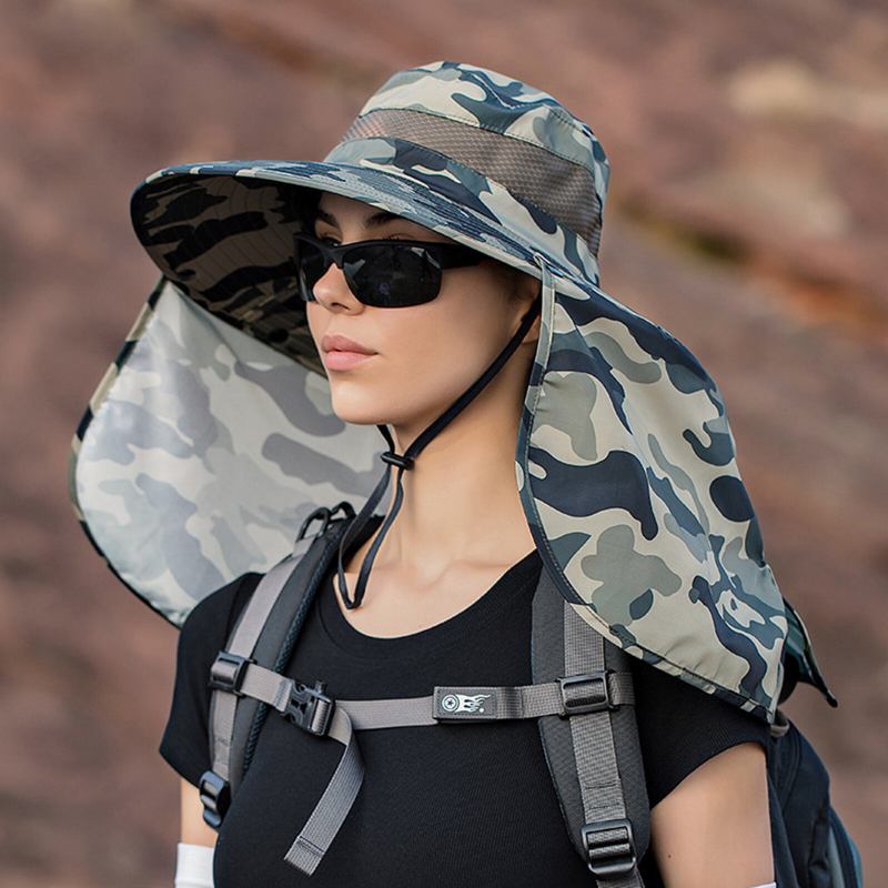 Unisex Polyester Camouflage Casual Udendørs Åndbar Kant Forlænget Foldbar Hurtigtørrende Solskærm Bucket Hats