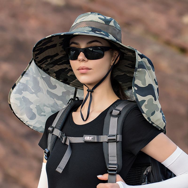 Unisex Polyester Camouflage Casual Udendørs Åndbar Kant Forlænget Foldbar Hurtigtørrende Solskærm Bucket Hats