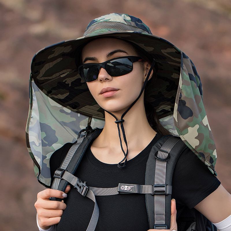 Unisex Polyester Camouflage Casual Udendørs Åndbar Kant Forlænget Foldbar Hurtigtørrende Solskærm Bucket Hats