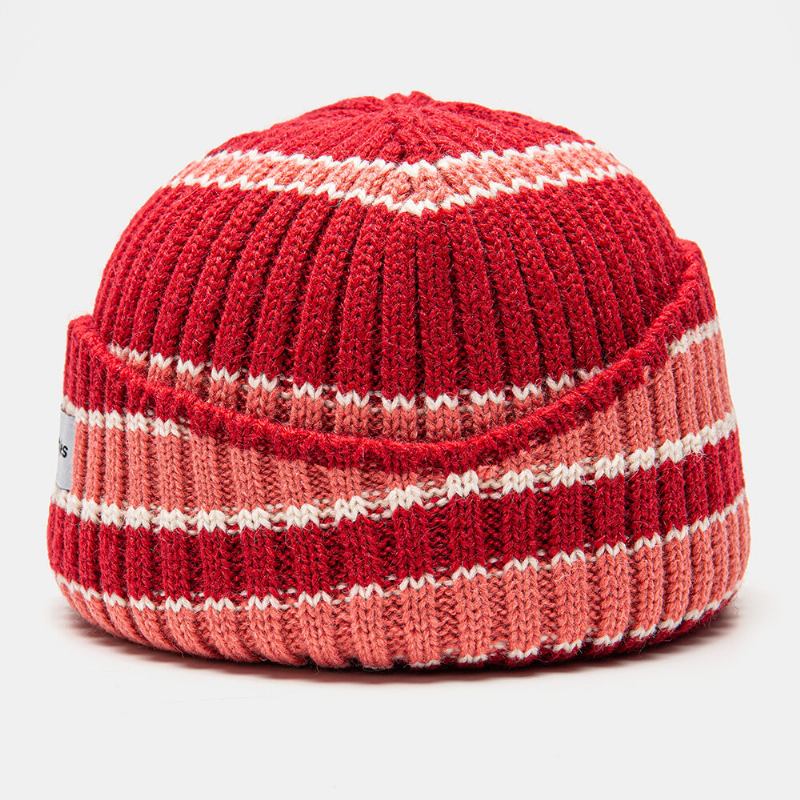 Unisex Strikket Hue Farve Kontrast Stribet Bogstav Mønster Etiket Kantløs Beanie Udlejer Kasket Skull Cap