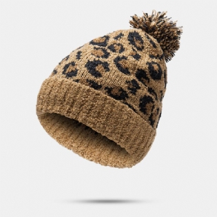 Unisex Strikket Leopardmønster Pelsbolddekoration Flanger Afslappet Varme Beanie Hat