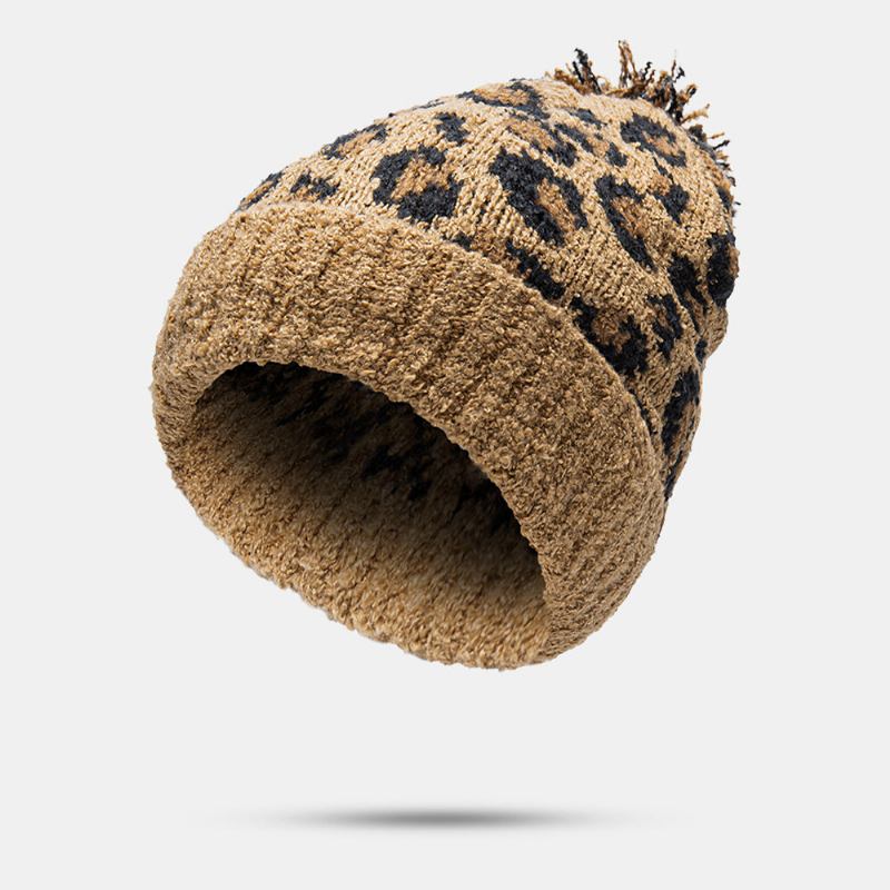 Unisex Strikket Leopardmønster Pelsbolddekoration Flanger Afslappet Varme Beanie Hat