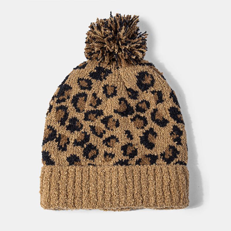 Unisex Strikket Leopardmønster Pelsbolddekoration Flanger Afslappet Varme Beanie Hat