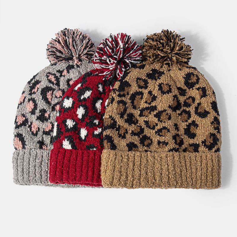 Unisex Strikket Leopardmønster Pelsbolddekoration Flanger Afslappet Varme Beanie Hat