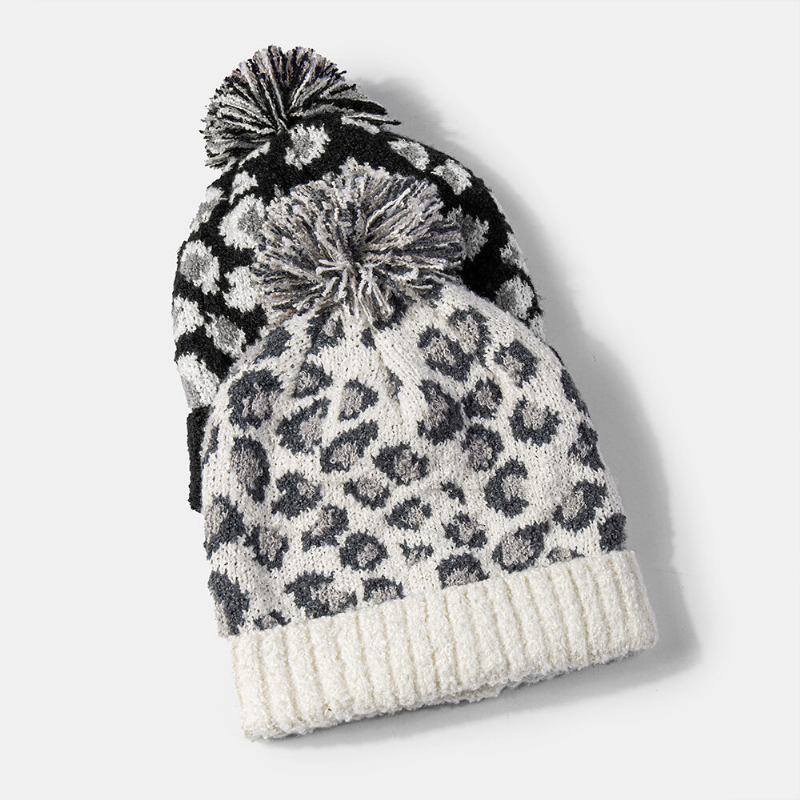 Unisex Strikket Leopardmønster Pelsbolddekoration Flanger Afslappet Varme Beanie Hat