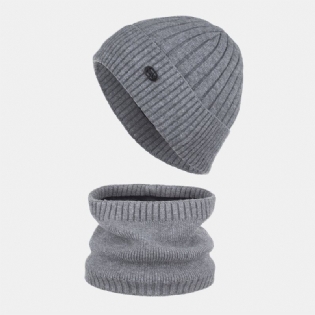 Unisex Tykstribet Jernlabel Strikket Hue Tørklædesæt Efterår Vinter Plus Fløjl Tyk Varm Hagesmæk Beanie Hat