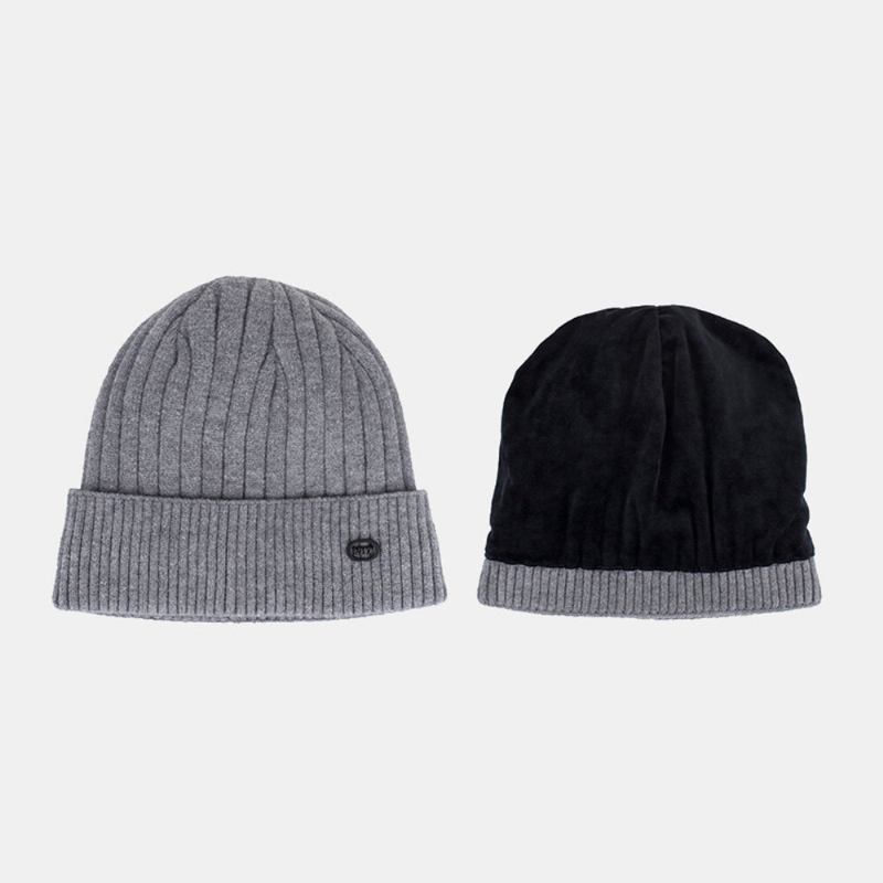 Unisex Tykstribet Jernlabel Strikket Hue Tørklædesæt Efterår Vinter Plus Fløjl Tyk Varm Hagesmæk Beanie Hat