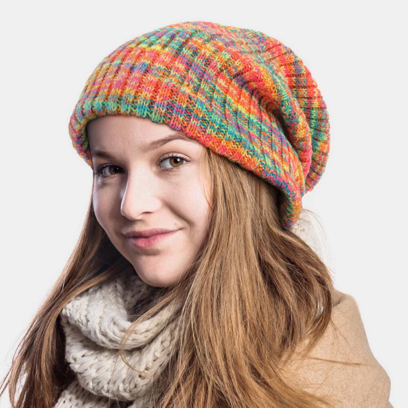 Unisex Ulden Blandet Regnbuefarve Striber Mønster Plus Fløjl Tyk Varm Par Hue Beanie Strikket Hue