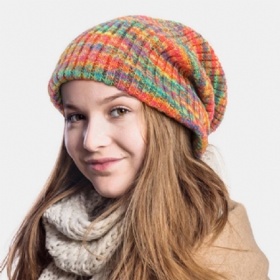 Unisex Ulden Blandet Regnbuefarve Striber Mønster Plus Fløjl Tyk Varm Par Hue Beanie Strikket Hue