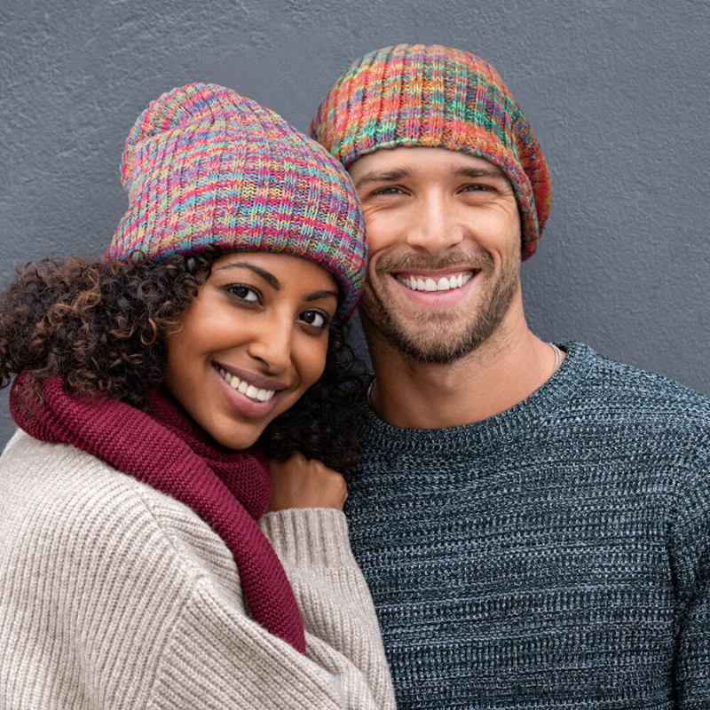 Unisex Ulden Blandet Regnbuefarve Striber Mønster Plus Fløjl Tyk Varm Par Hue Beanie Strikket Hue