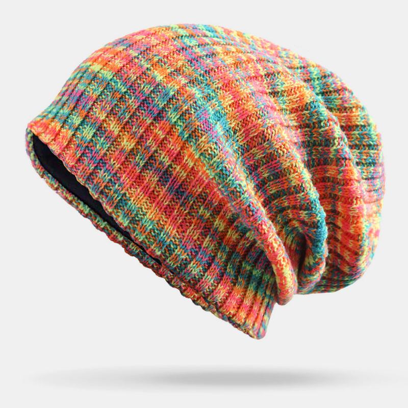 Unisex Ulden Blandet Regnbuefarve Striber Mønster Plus Fløjl Tyk Varm Par Hue Beanie Strikket Hue