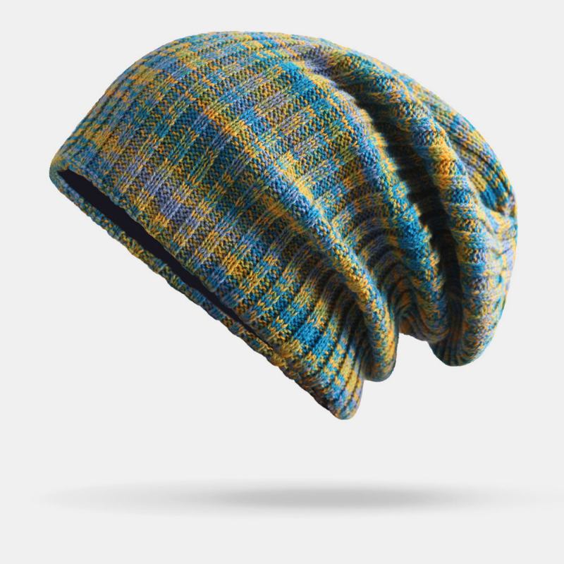 Unisex Ulden Blandet Regnbuefarve Striber Mønster Plus Fløjl Tyk Varm Par Hue Beanie Strikket Hue