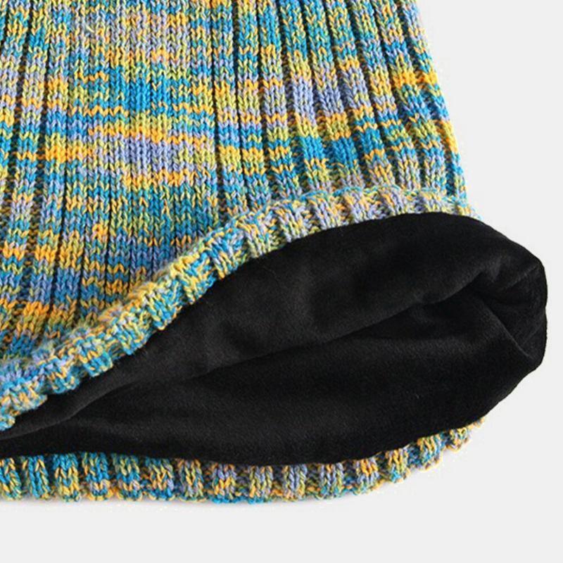 Unisex Ulden Blandet Regnbuefarve Striber Mønster Plus Fløjl Tyk Varm Par Hue Beanie Strikket Hue