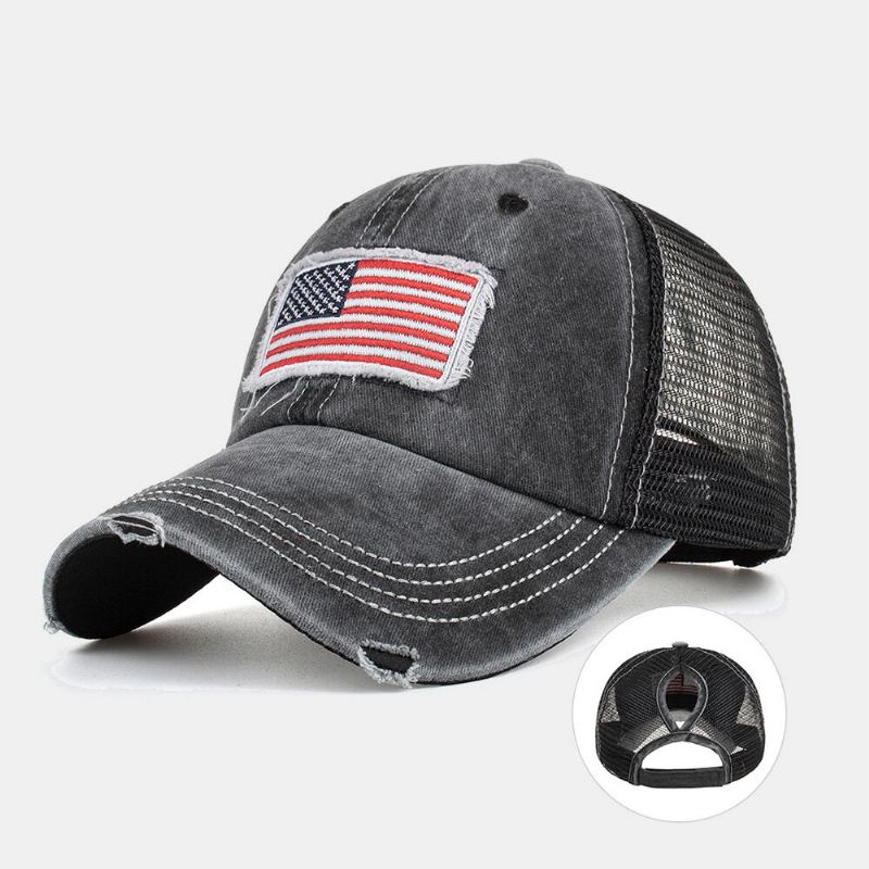 Unisex Vasket Amerikansk Flag Patch Hestehale Baseball Kasket Mesh Åndbar Casquette Sommer Snapback Hat