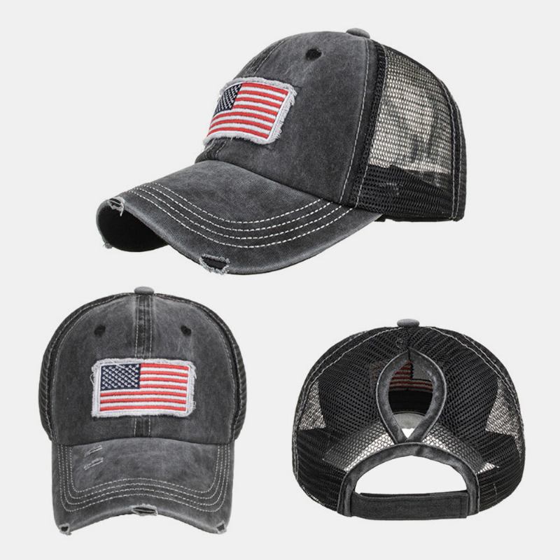 Unisex Vasket Amerikansk Flag Patch Hestehale Baseball Kasket Mesh Åndbar Casquette Sommer Snapback Hat