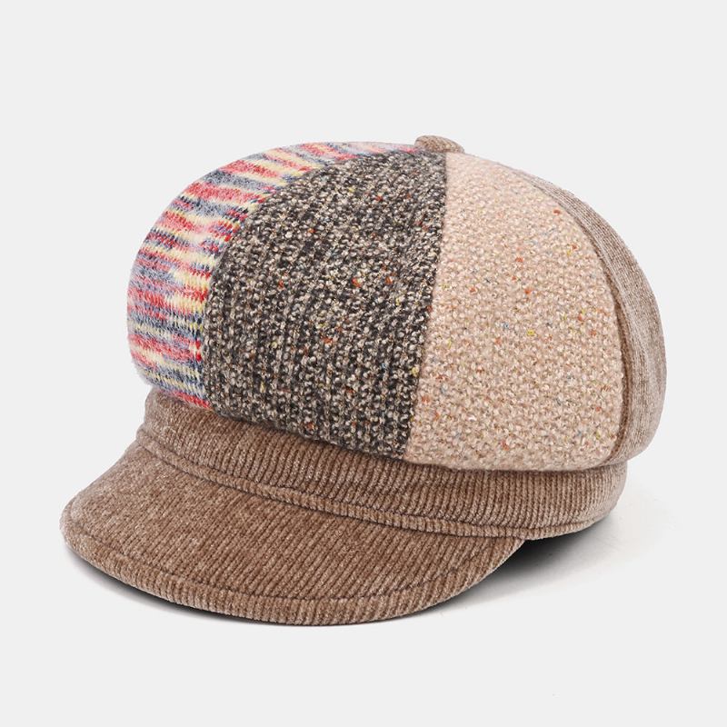 Unsiex Corduroy Patchwork Farve Varm All-match Casual Newsboy Huer Octagonal Huer Baskerhat