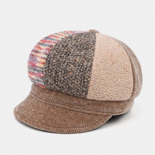 Unsiex Corduroy Patchwork Farve Varm All-match Casual Newsboy Huer Octagonal Huer Baskerhat