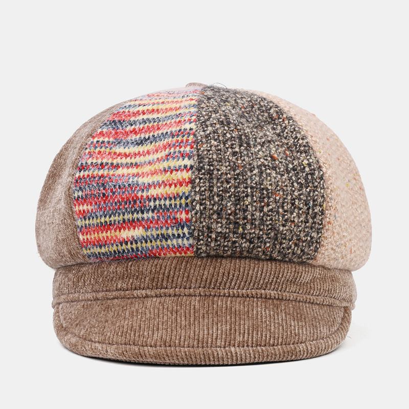 Unsiex Corduroy Patchwork Farve Varm All-match Casual Newsboy Huer Octagonal Huer Baskerhat