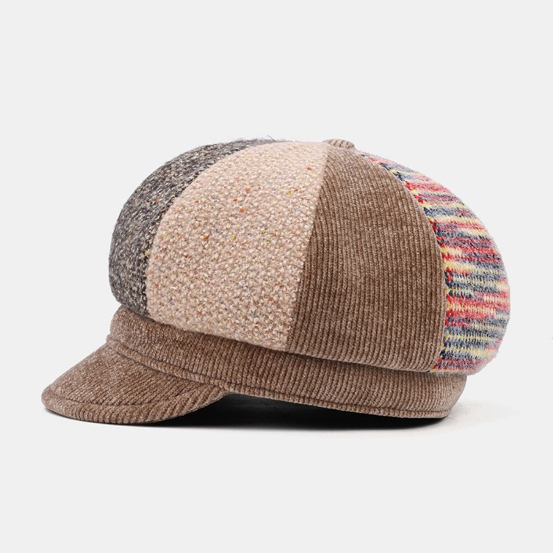 Unsiex Corduroy Patchwork Farve Varm All-match Casual Newsboy Huer Octagonal Huer Baskerhat