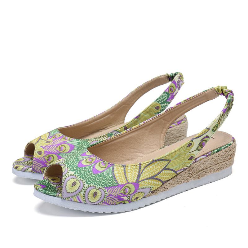 Kvinder Peacock Mønster Espadrille Comfy Wedge Peep Toe Platforme