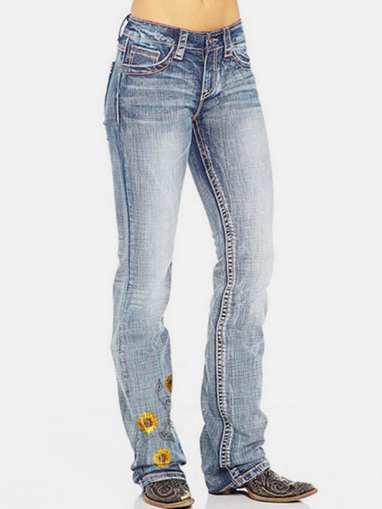 Blomsterbroderede Lommer Til Kvinder Regular Fit Casual Distressed Jeans