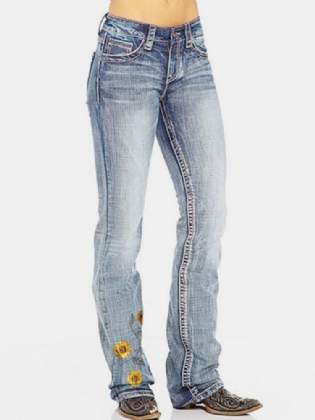 Blomsterbroderede Lommer Til Kvinder Regular Fit Casual Distressed Jeans