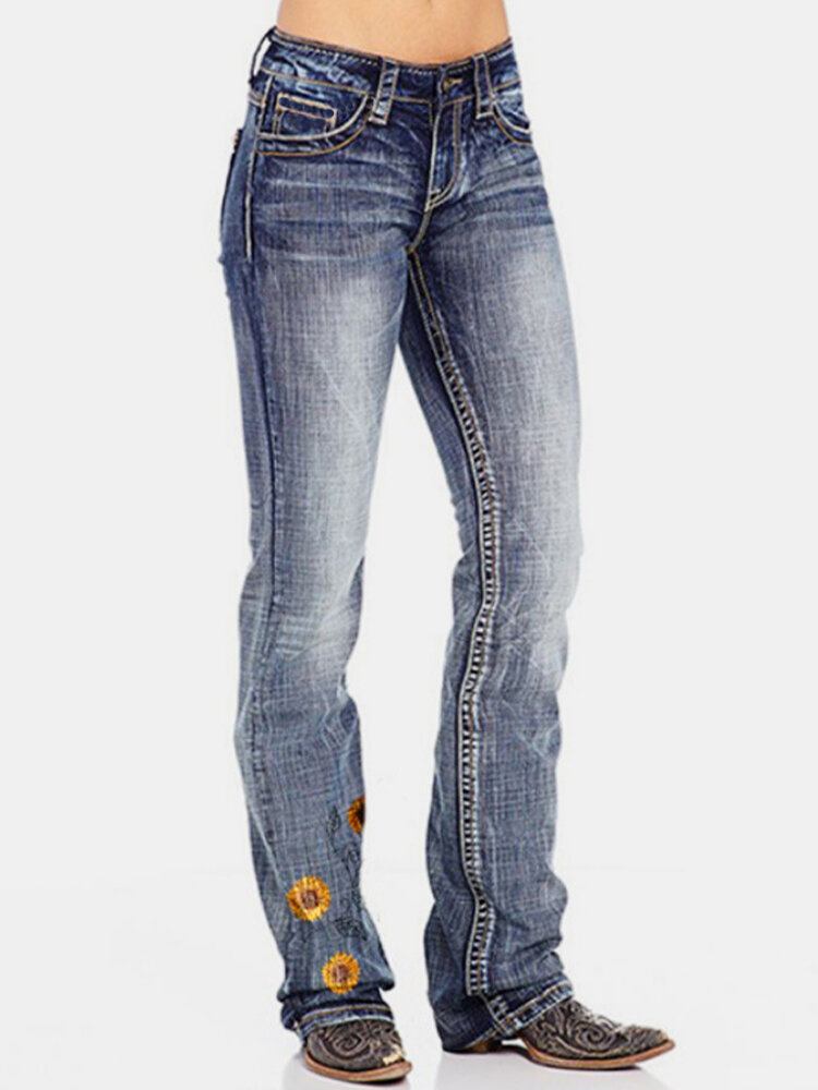 Blomsterbroderede Lommer Til Kvinder Regular Fit Casual Distressed Jeans