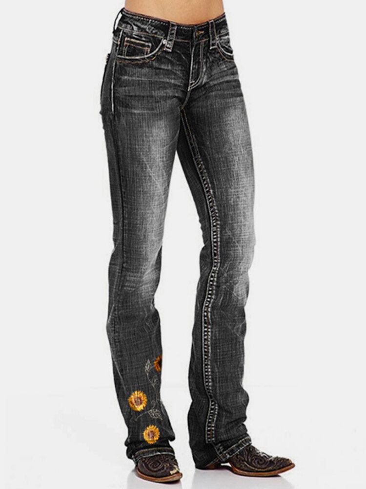 Blomsterbroderede Lommer Til Kvinder Regular Fit Casual Distressed Jeans