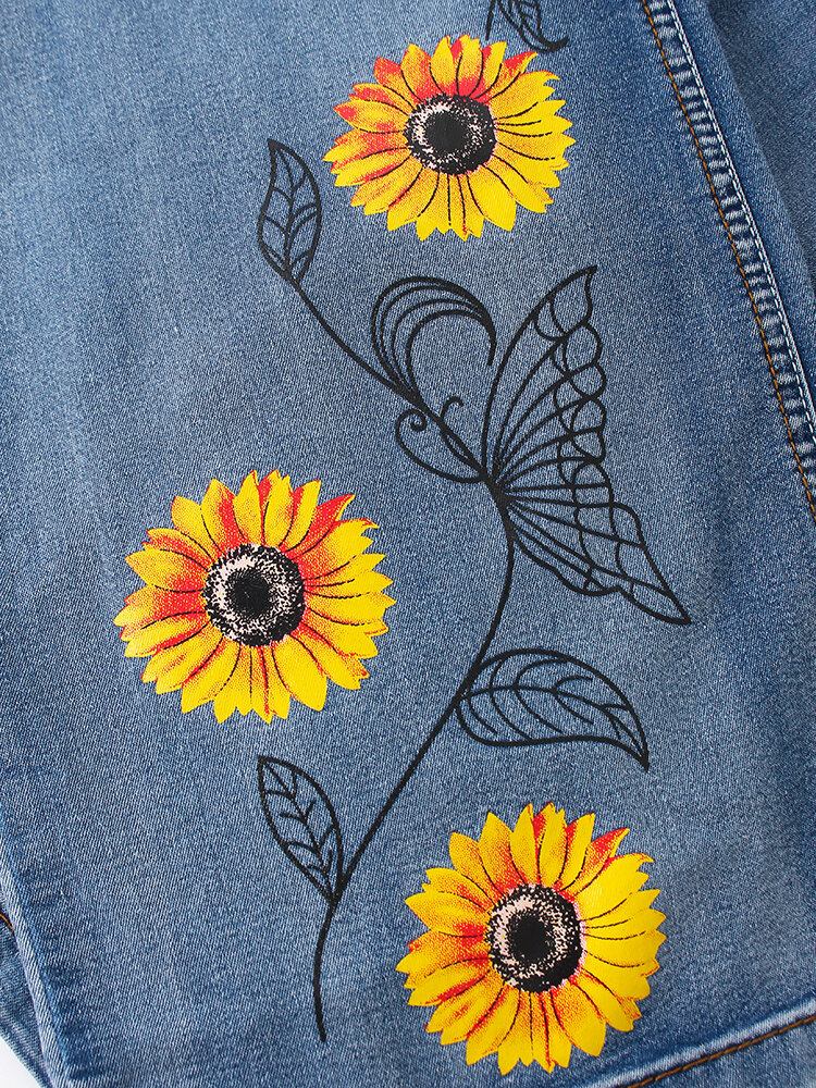 Blomsterbroderede Lommer Til Kvinder Regular Fit Casual Distressed Jeans