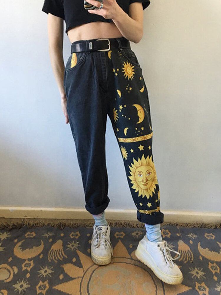 Dame Design Cartoon Disk Sun Moon Print Højtaljede Jeans