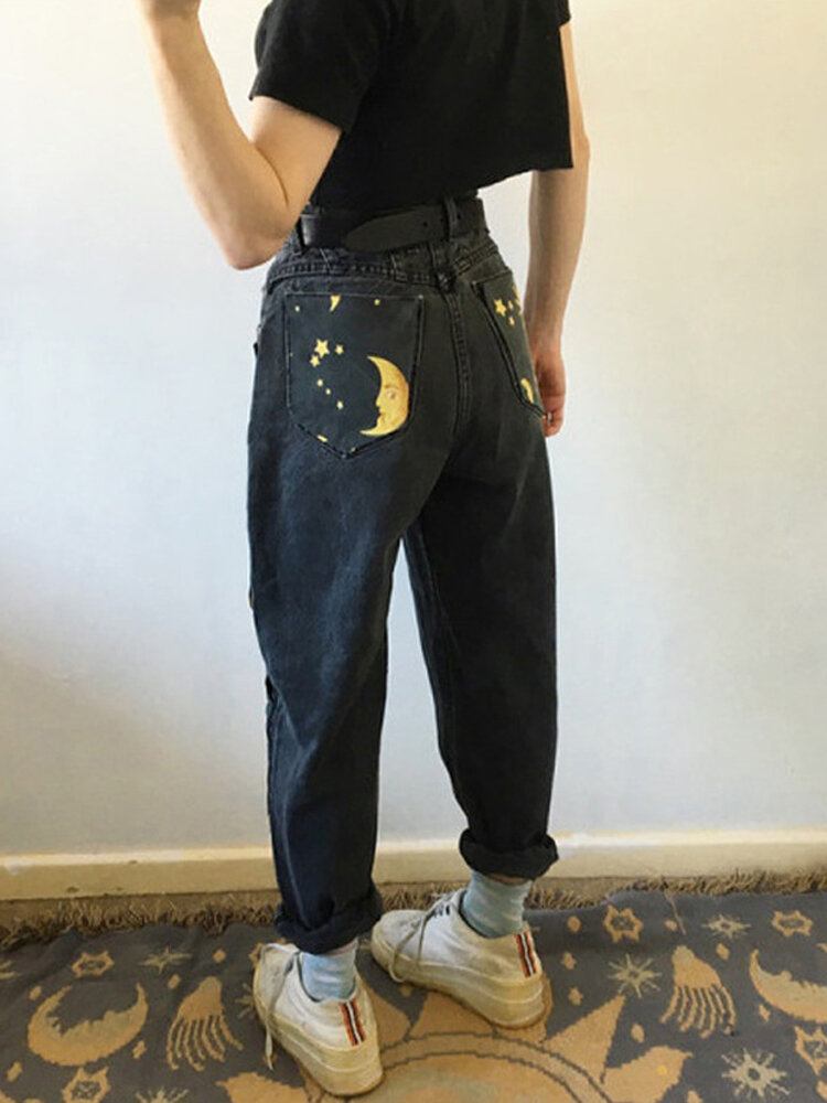 Dame Design Cartoon Disk Sun Moon Print Højtaljede Jeans