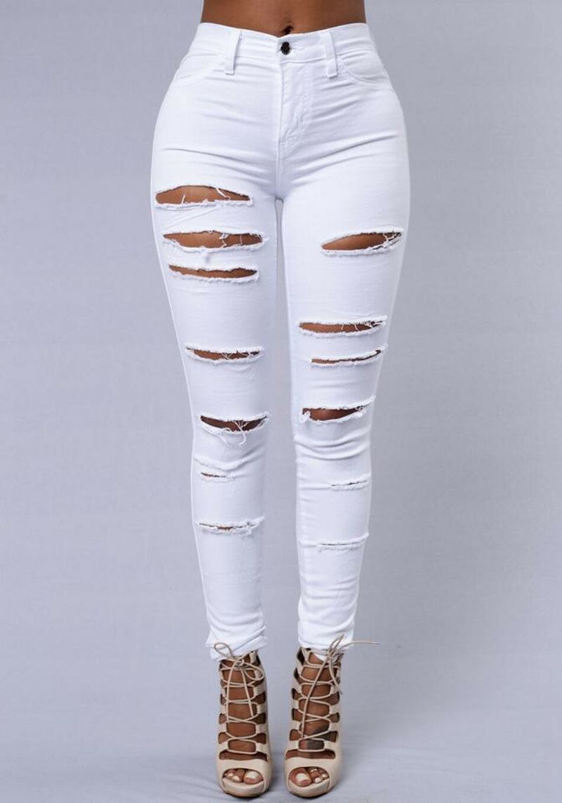 Kvinder Casual Skinny Random Ripped Solid Jeans Til Kvinder