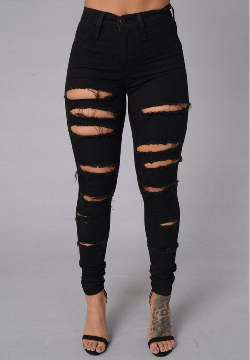 Kvinder Casual Skinny Random Ripped Solid Jeans Til Kvinder